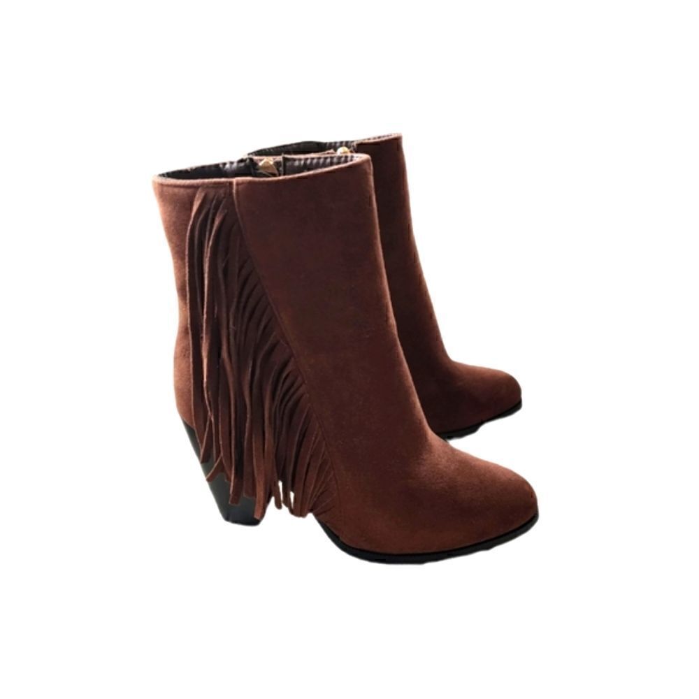 Brown suede fringed heeled booties